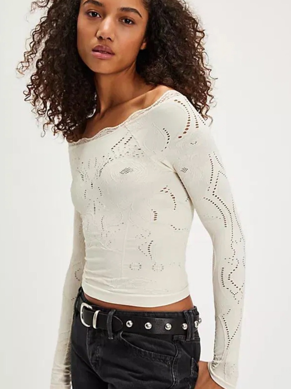 Intimately Free People Flirty Flutters Off-Shoulder Cream Long Sleeve Top